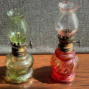 Pair of Vintage Painted glass Miniature Oil Lamps Kerosene Lamps